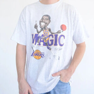 Vintage 80's Salem Sportswear Grey Magic Johnson LA Lakers Caricature T-Shirt XL